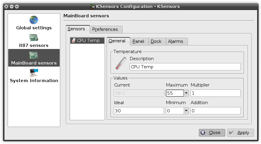 KSensors Config window