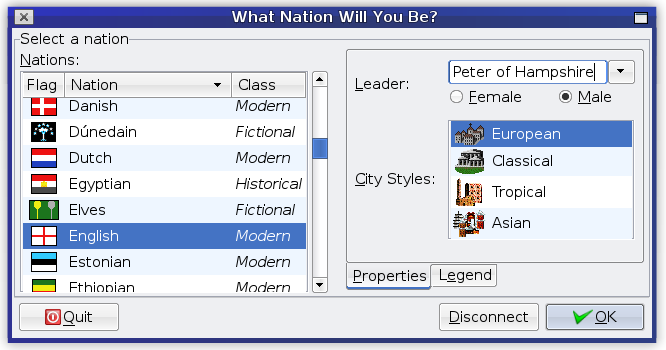 FreeCiv - screenshot of nation select screen