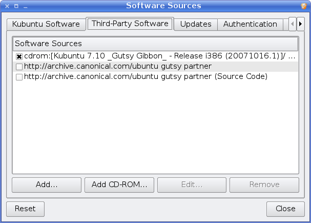 Software Sources dialogue screenshot