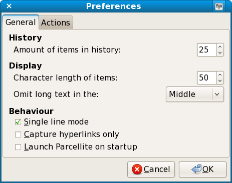 Parcellite Preferences window