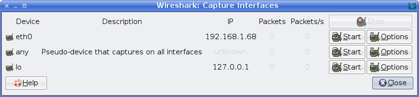 Wireshark Interface list