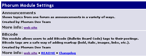 Phorum Module Settings page screenshot