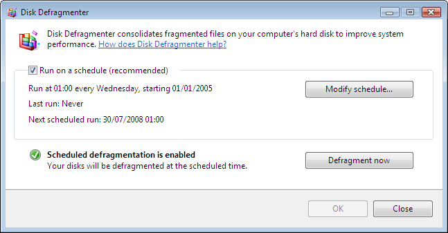 Disk Defragmenter under Windows Vista