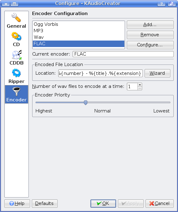 KAudioCreator Encoder selection