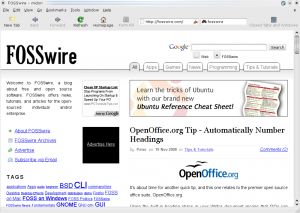 Midori showing the FOSSwire home page