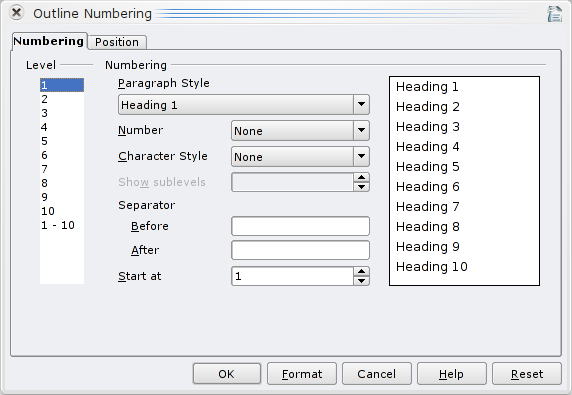 OOo Outline Numbering window