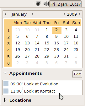 Calendar menu integration with Evolution