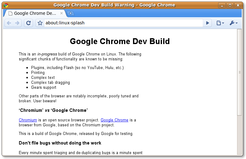 Chrome for Linux warning screenshot